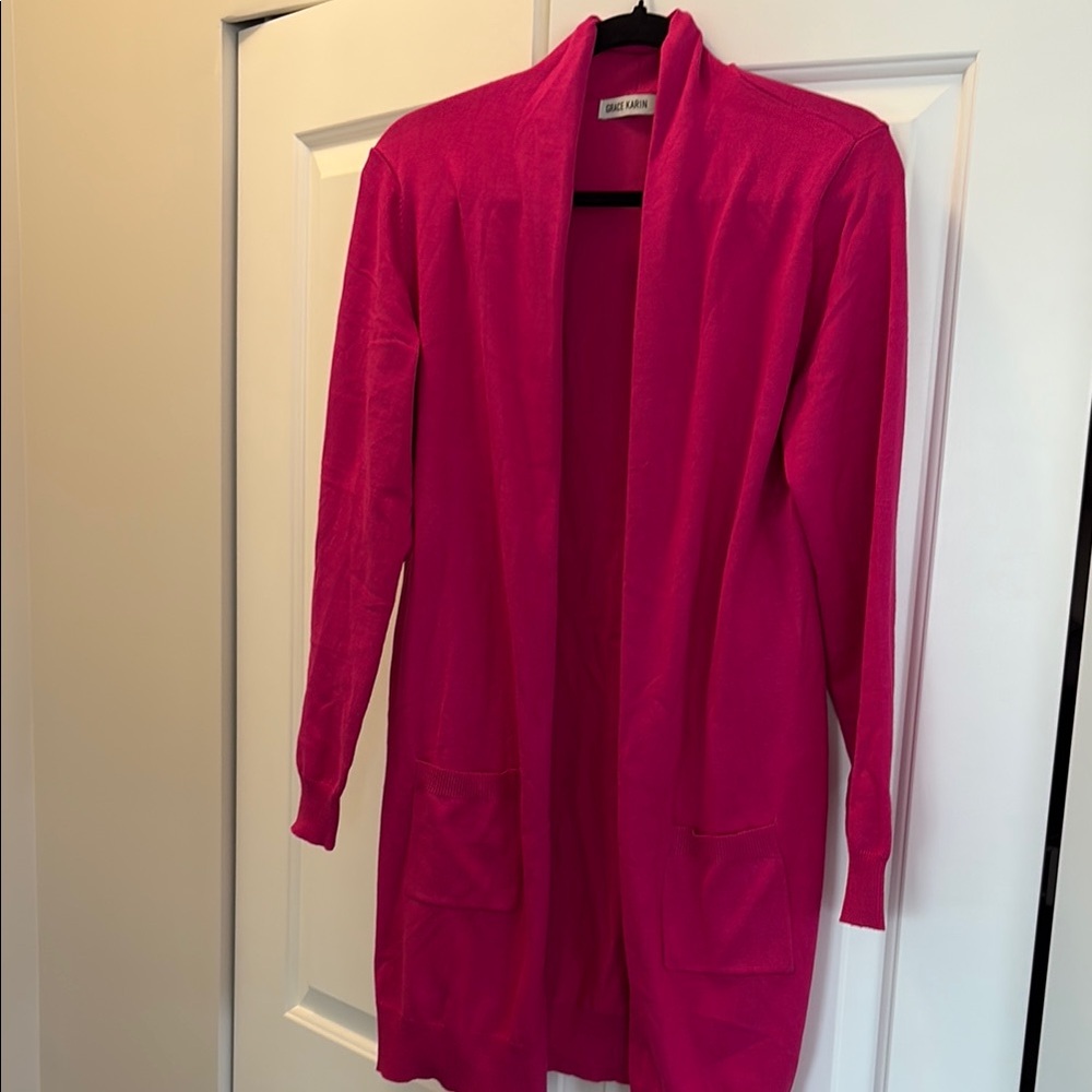 Grace Karin  Pink Shawl Collar Long Cardigan Sweater